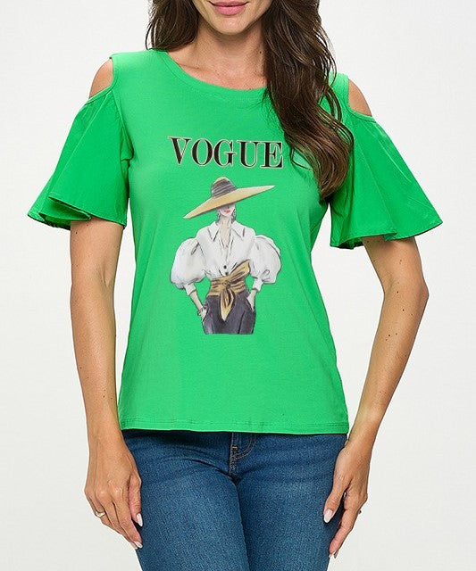 GRAPHIC GREEN TOP WITH RHINESTONES "VOGUE"