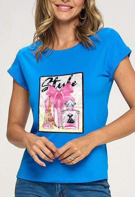 GRAPHIC BLUE TOP WITH RHINESTONES
