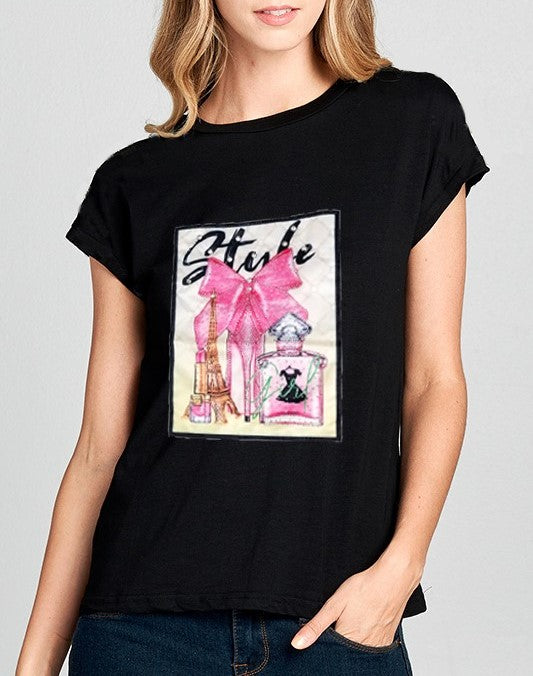 GRAPHIC BLACK TOP WITH RHINESTONES