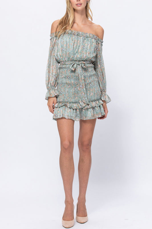 Smocking Floral Print Short Dress